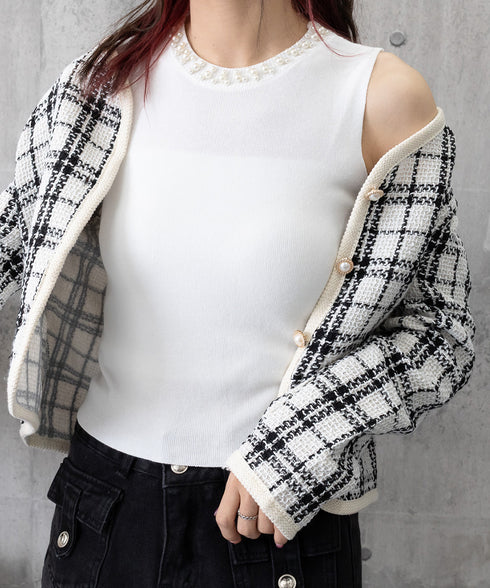 パール付きトップスノースリーブニット夏服 袖なしサマーニットレディース インナートップスきれいめ プルオーバーニットシンプルおしゃれ オフィスカジュアル トップス 2XIAOLL-001